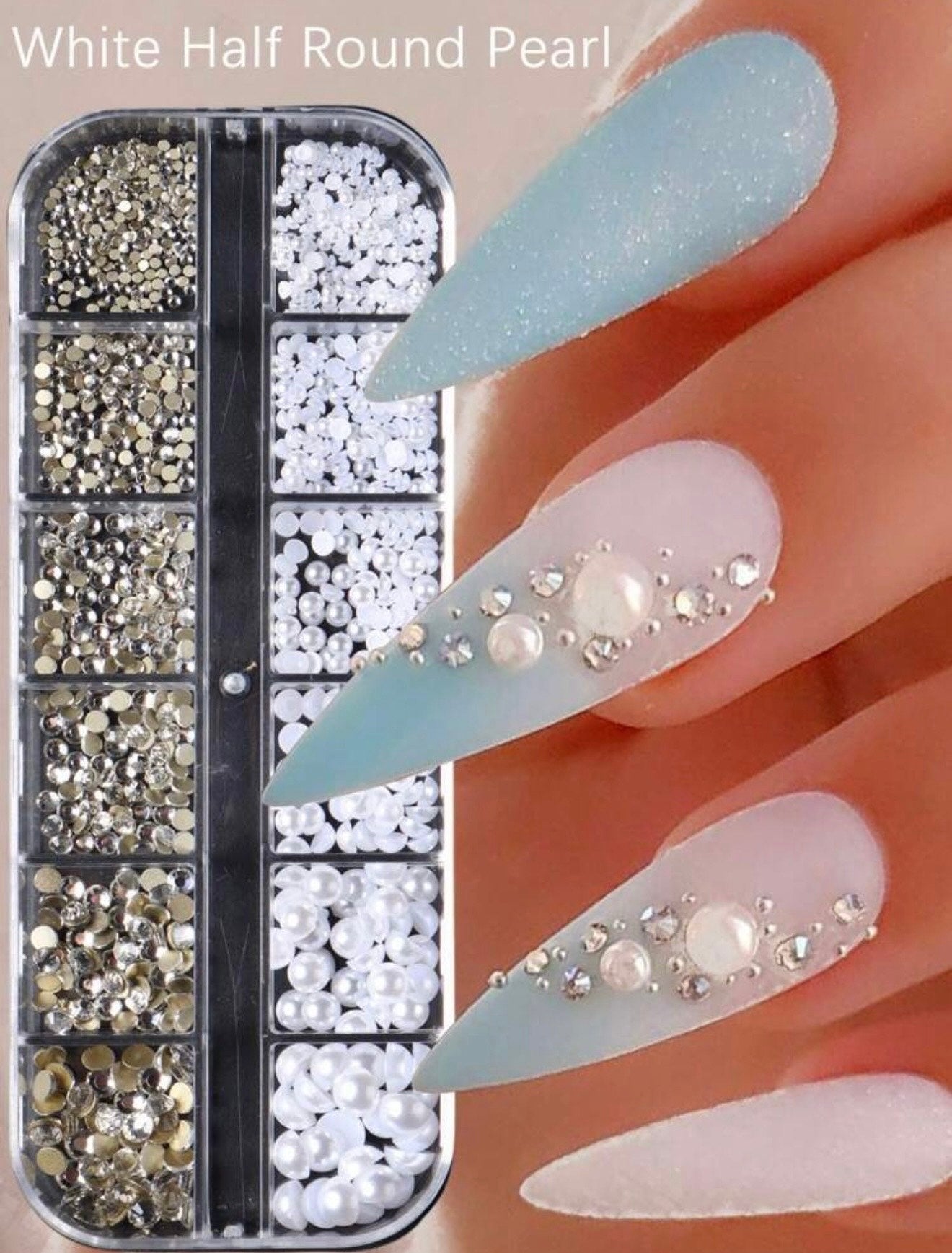 White Half Round Pearl Rhinestone Mix Size